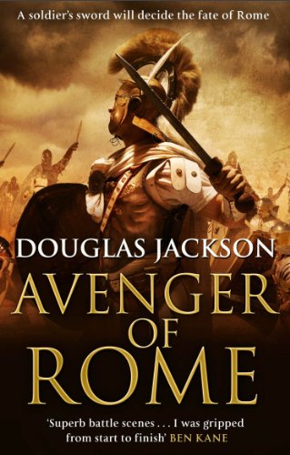 Book cover: Roman soldier in golden armor with sword, battlefield background.