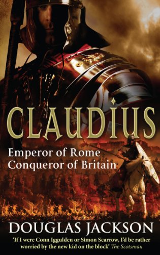 Book cover: Roman soldier in armor, fiery landscape, title “Claudius.”