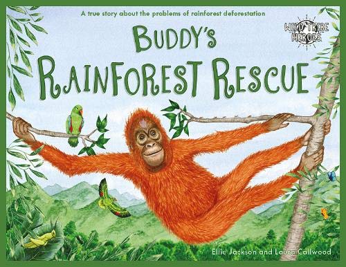 An orangutan hangs from a tree branch in a rainforest with birds and mountains.