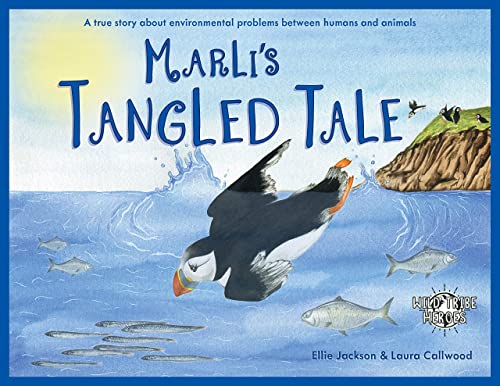 A puffin dives into the ocean near a cliff in this illustrated book cover.