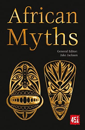 Book cover titled African Myths with two golden tribal masks on a black background.