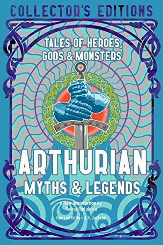 Book cover titled Arthurian Myths & Legends featuring a sword and gauntlets in Art Nouveau.