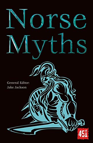 Book cover for "Norse Myths" featuring a teal illustration of a Viking warrior.