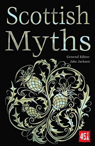 Book cover for “Scottish Myths” with thistles and ornate gold details.
