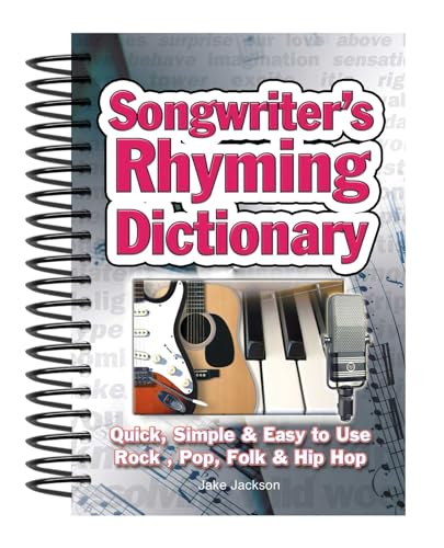 Spiral-bound rhyming dictionary with guitar, piano, and microphone imagery.