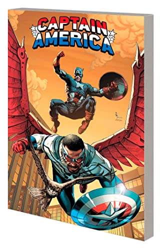 Captain America and Falcon in flight, comic book cover art.