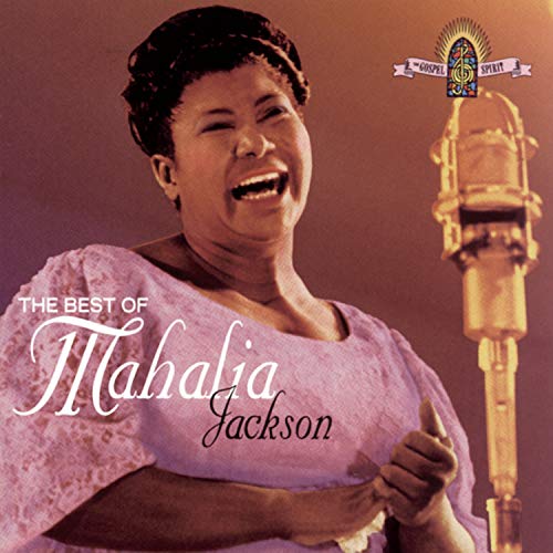 Mahalia Jackson singing into a vintage microphone, album cover.