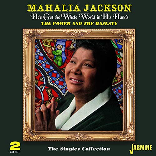 Mahalia Jackson portrait within an ornate gold frame, stained glass backdrop.
