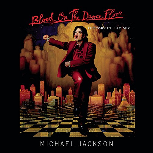 Michael Jackson in a red suit dancing on a checkered floor against city skyline.