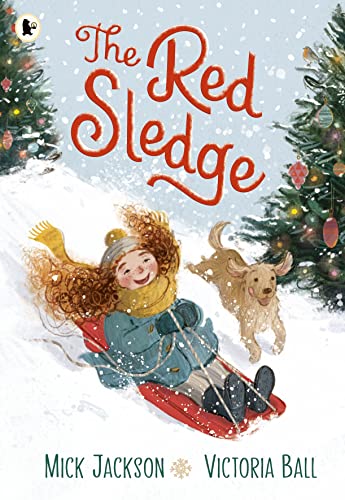 Girl sledding down a snowy hill with a golden dog running alongside.