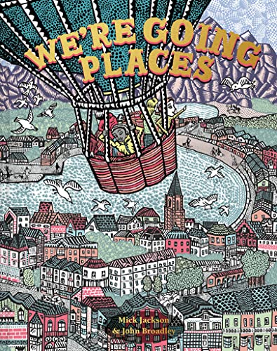 Hot air balloon over a detailed town illustration, book cover.