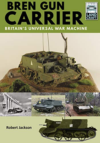 Green Bren Gun Carrier vehicle on a textured terrain display, with inset photos.