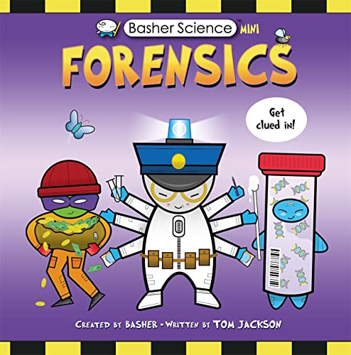 Cartoon forensics science book cover with detectives and evidence.