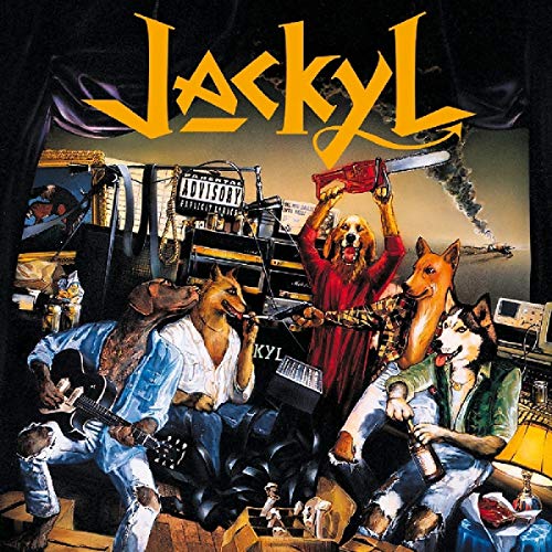 "Vinyl record cover with cartoon illustration of band 'Jackyl' and anthropomorphic dogs."
