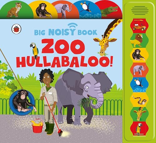 Children’s book cover with zoo animals, a child, and sound button.
