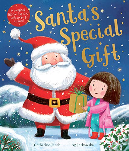 Santa Claus and a girl with a gold gift in the snow.