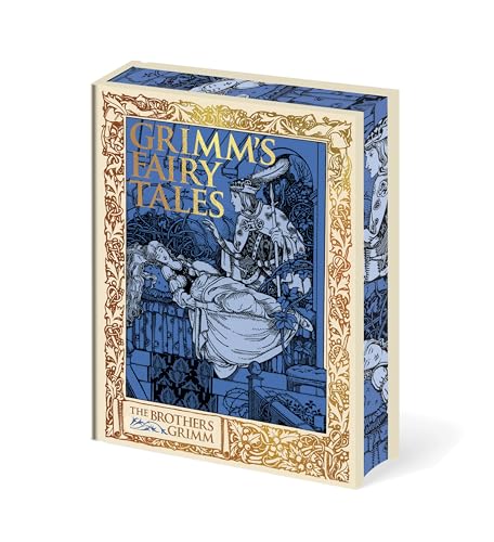 Blue and gold illustrated book cover for Grimm's Fairy Tales.