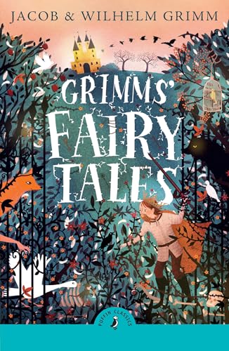 Book cover for “Grimms’ Fairy Tales” with illustrated forest scene.