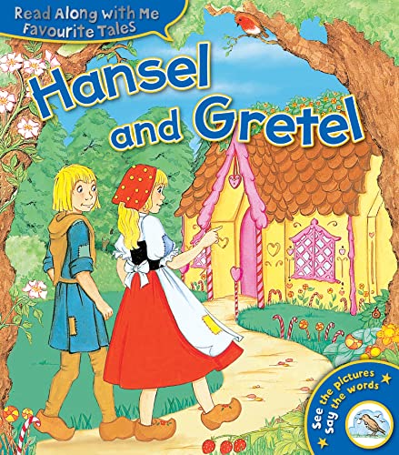 Hansel and Gretel stand before a candy house in this illustrated children's book cover.