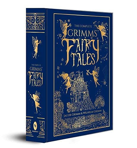 Blue hardbound book, “The Complete Grimms’ Fairy Tales,” with gold illustrations.