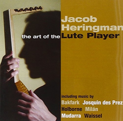 "CD cover with a person playing a lute and text on an orange background."