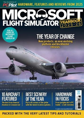 Magazine cover for Microsoft Flight Simulator Yearbook 2025/26 featuring a passenger airplane in flight.
