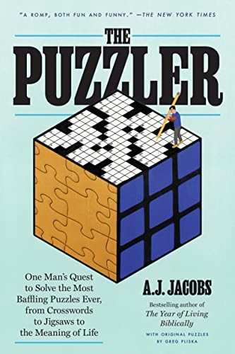 Book cover: "The Puzzler" with a man on a Rubik's Cube/crossword hybrid.