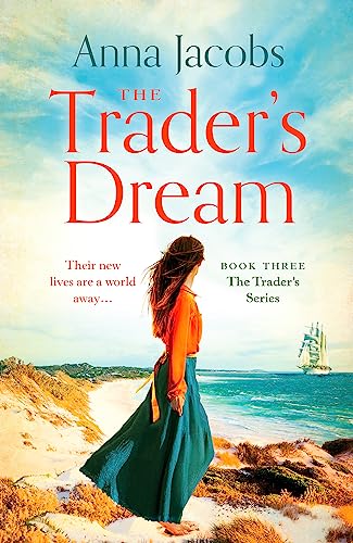 Book cover: woman looking at sailing ship on a beach.