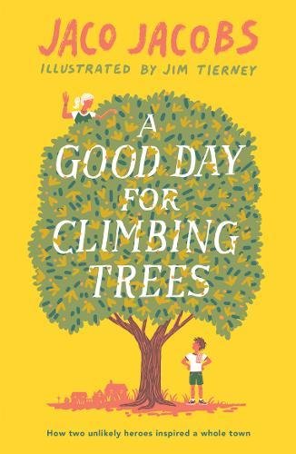 The image depicts a vibrant yellow book cover featuring a cartoon tree with two children. Alt text: Yellow book cover with cartoon tree and two children, one climbing, one standing.