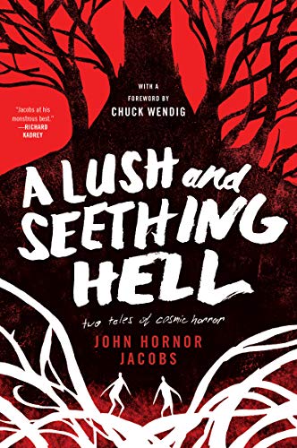 Red book cover with white, stylized title and silhouetted trees.