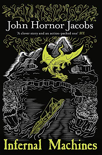 Book cover: yellow dragon flies over a submarine in a canyon.