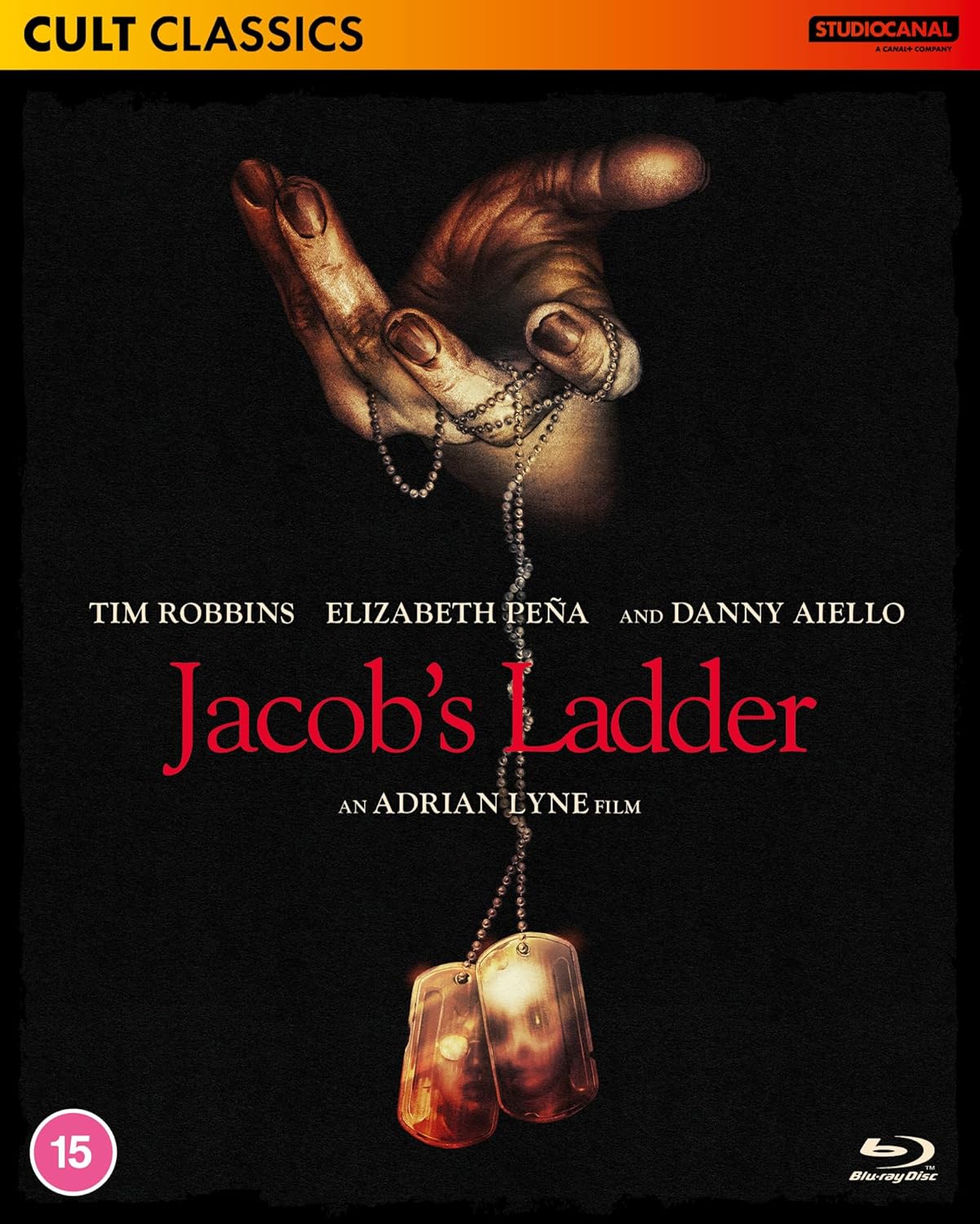 Blu-ray cover for “Jacob’s Ladder” featuring a hand holding a dog tag necklace.