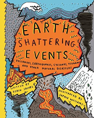 Book cover titled Earthshattering Events showing illustrations of a volcano, tsunami, and tornado.
