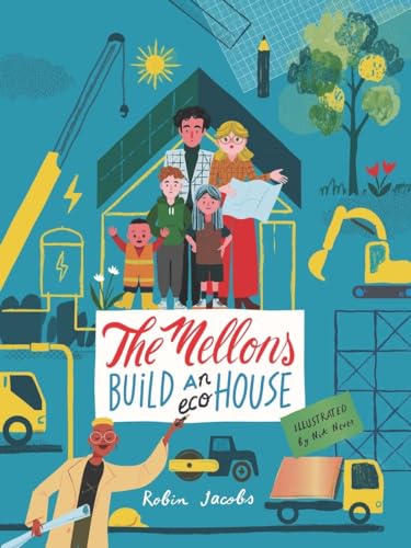A family stands in front of a house outline surrounded by construction equipment illustrations.