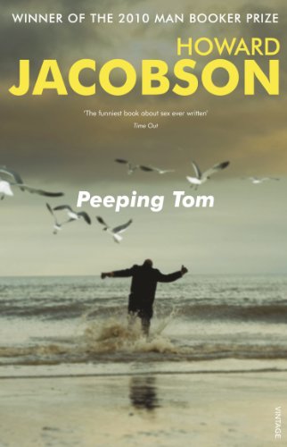 Book cover: man on beach with seagulls, titled "Peeping Tom.