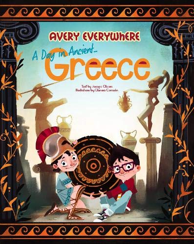 Children in modern clothes with ancient Greek figures and architecture.