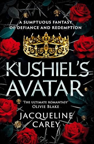 Book cover: dark background with roses, a crown, and silver text.