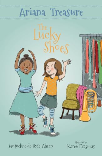 Book cover with two young girls, a chair, and musical instruments.