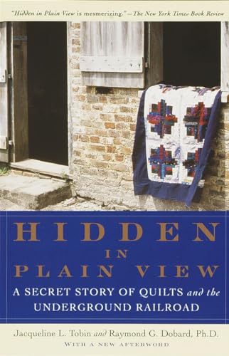 Book cover: brick building, quilt draped over window, title "HIDDEN IN PLAIN VIEW".