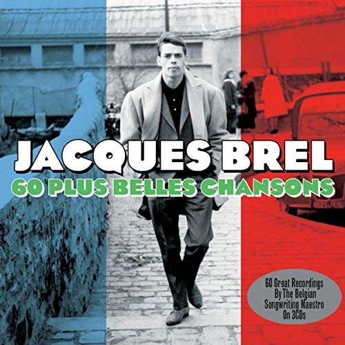 Jacques Brel album cover: a man walking down a street, split-tone background.