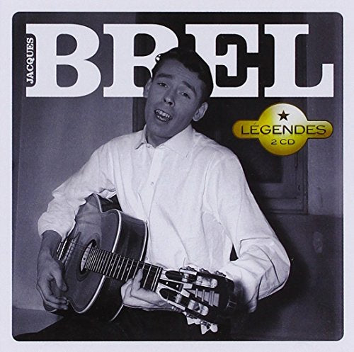 Jacques Brel portrait on CD cover, holding a guitar, black and white.