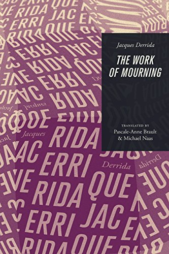 Book cover: "The Work of Mourning" by Jacques Derrida, purple text pattern.