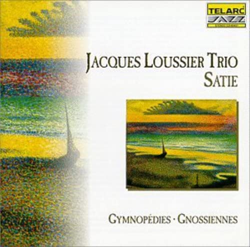 CD cover for Jacques Loussier Trio’s “Music Of Satie” with abstract art.