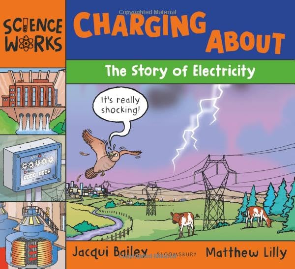 Book cover: “Charging About” depicts electricity, dams, and cartoon animals.