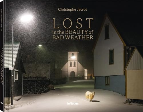 Book cover showing a snowy street at night with a sheep and distant church.