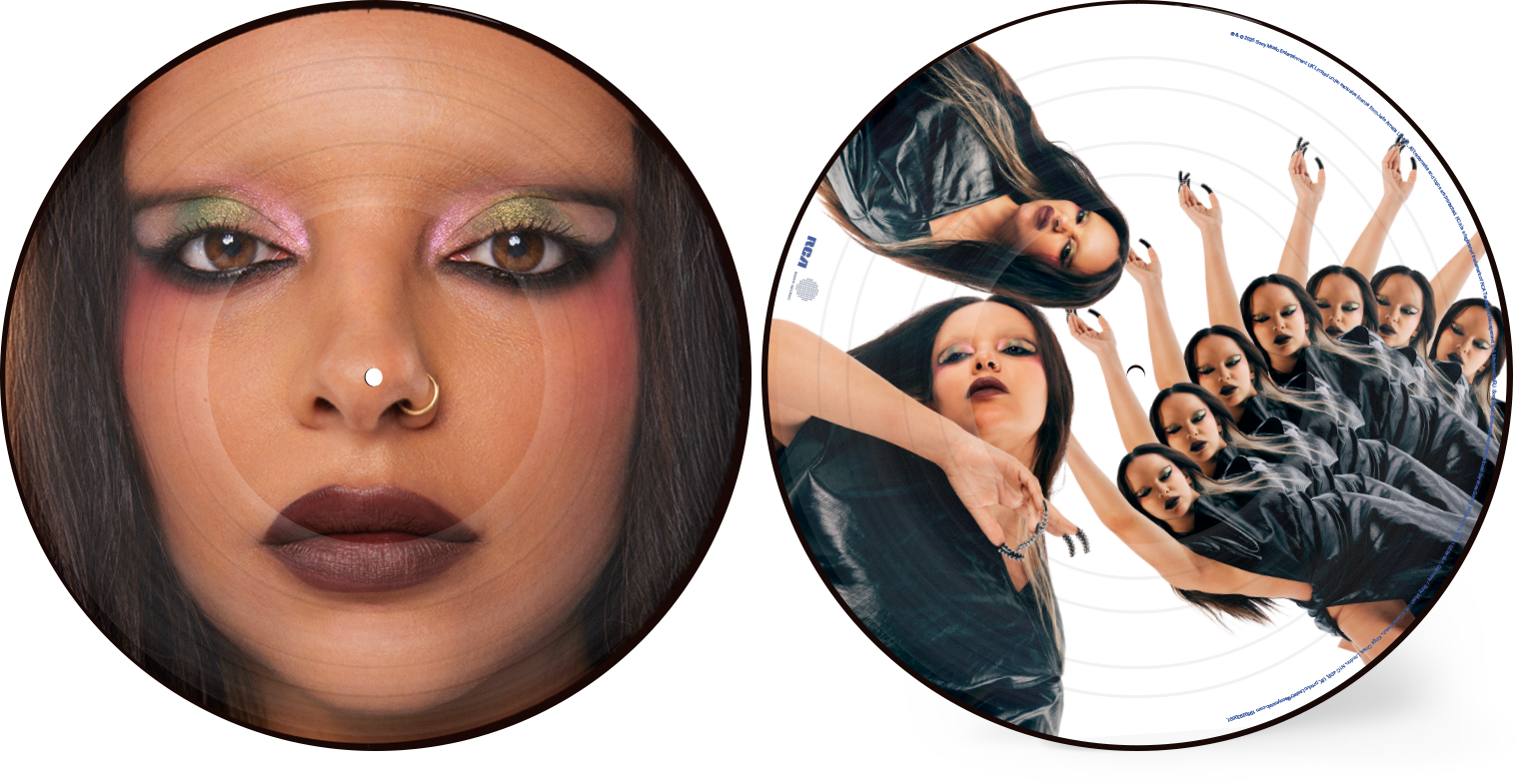 Jade’s portrait on a circular, gold-toned picture disc vinyl record.