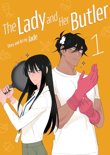 A woman holding a frying pan and a man putting on pink rubber gloves.