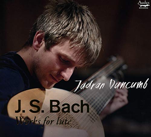 Man playing lute with text "J.S. Bach Works for lute" on a dark background.