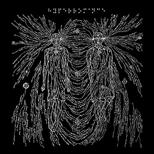 The image is a black square with white line art of two figures. alt text: Black album cover with white line art of embracing figures.