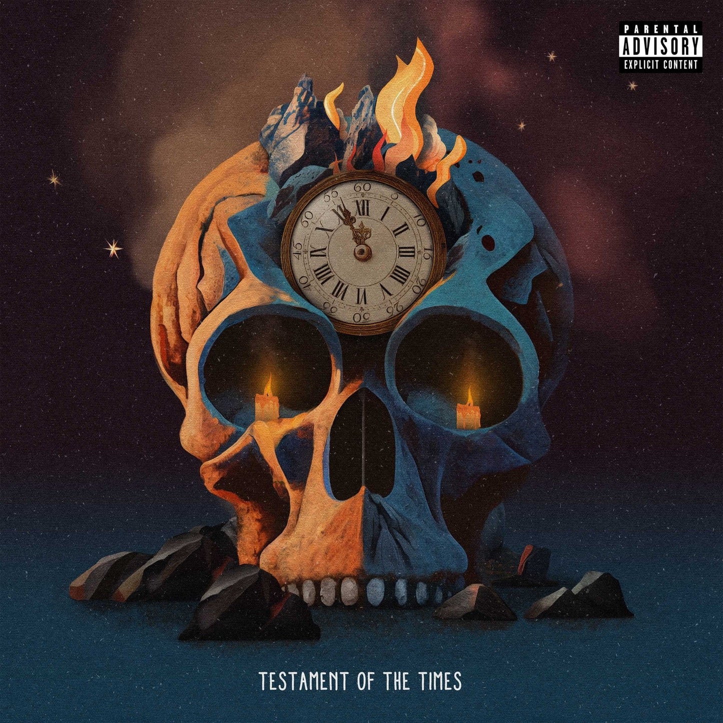 A skull with a clock face, burning candles in eye sockets, and flames on top.